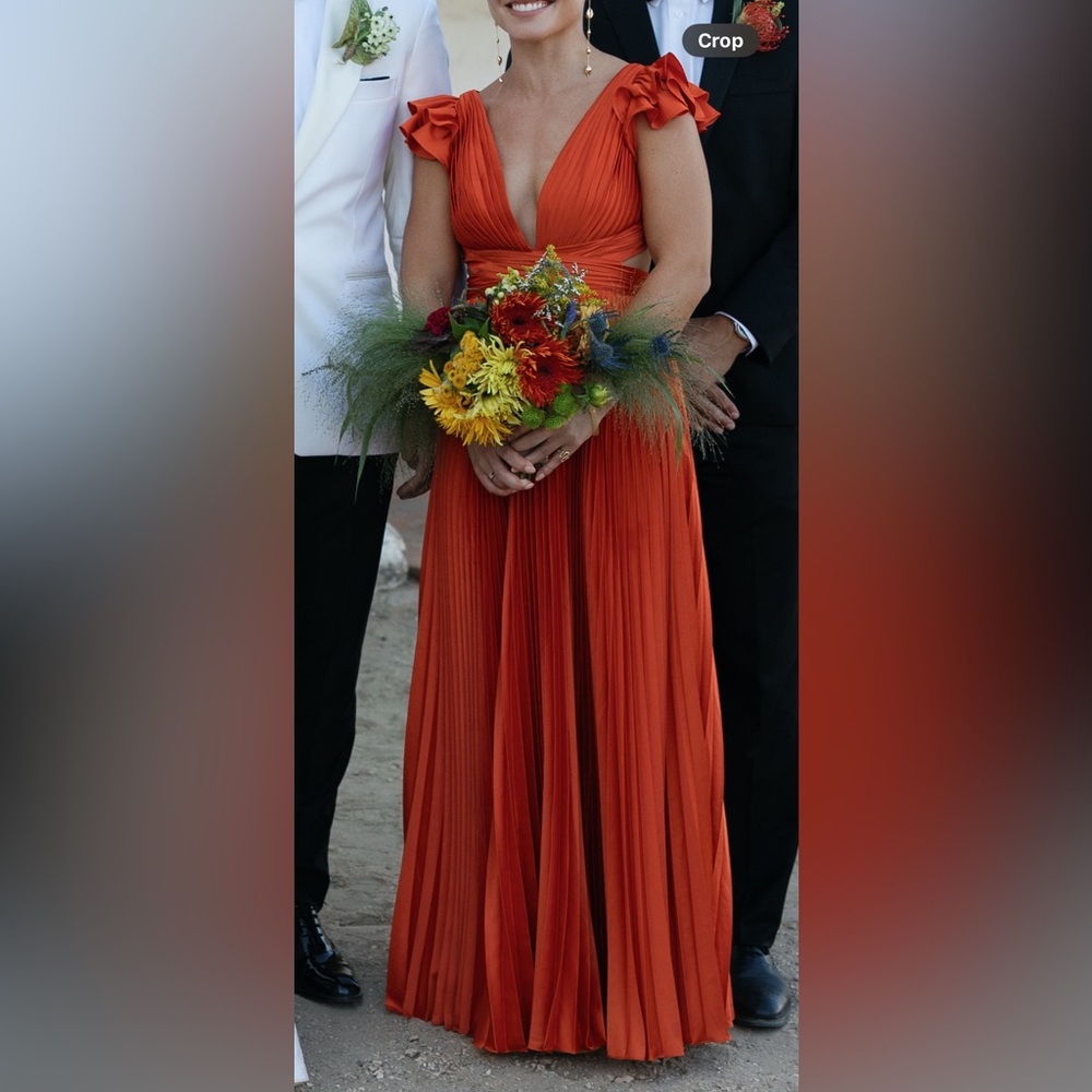 Mac Duggal Pleated Flutter Sleeve Deep-V Lace-Up … - image 4